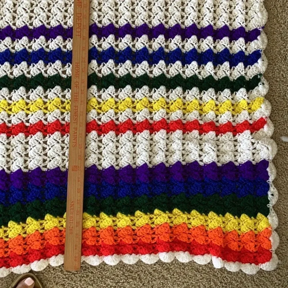 Vintage Handmade Rainbow Pride Crochet Afghan Blanket 36” X 36” Cottage Core